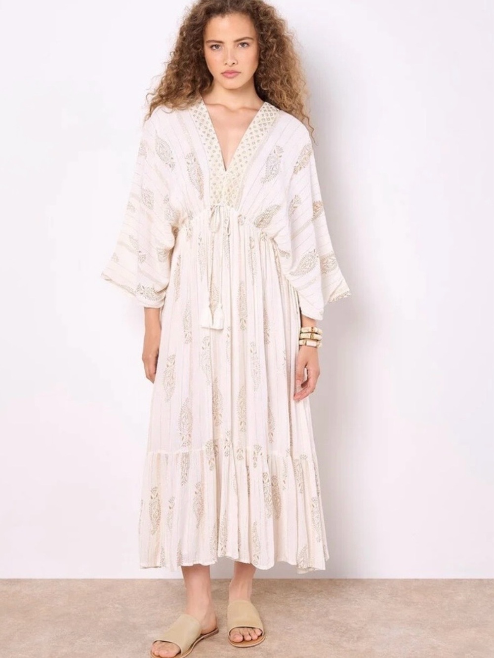 Sz S⭐️APRICOT Shimmery Cream and Gold Embroidered Sequin Tassel Boho Maxi Dress